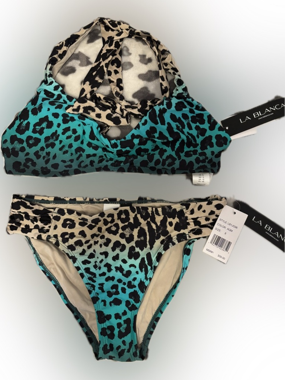 NWT LA BLANKA RARE Turquoise and Tan Leopard Print Two-Piece Bikini 8